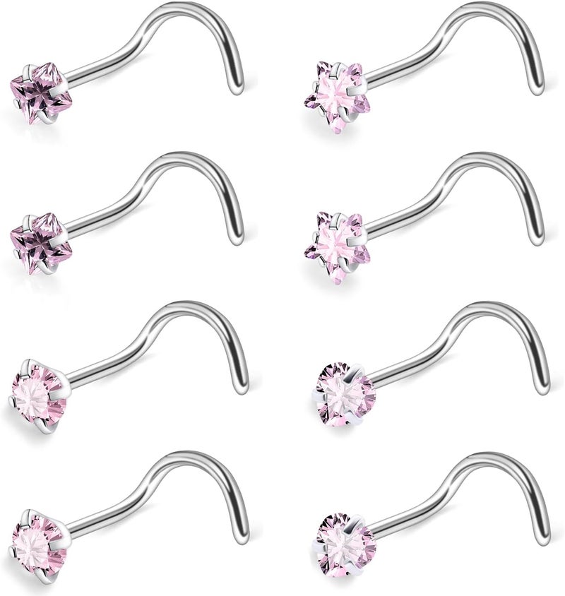 Ftovosyo Hypoallergenic Nose Rings Studs 18G & 20G Surgical Steel Nose Studs L Shaped Nostril Piercing Jewelry with Pink Cubic Zirconia for Women & Men - Image 1